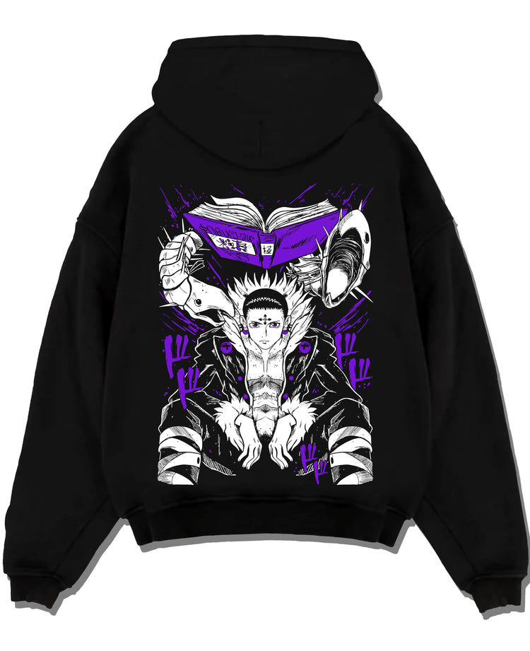 Black pullover hoodie laid flat with Chrollo Hoodie Hunter x Hunter Phantom Troupe Leader graphic bold anime graphic.