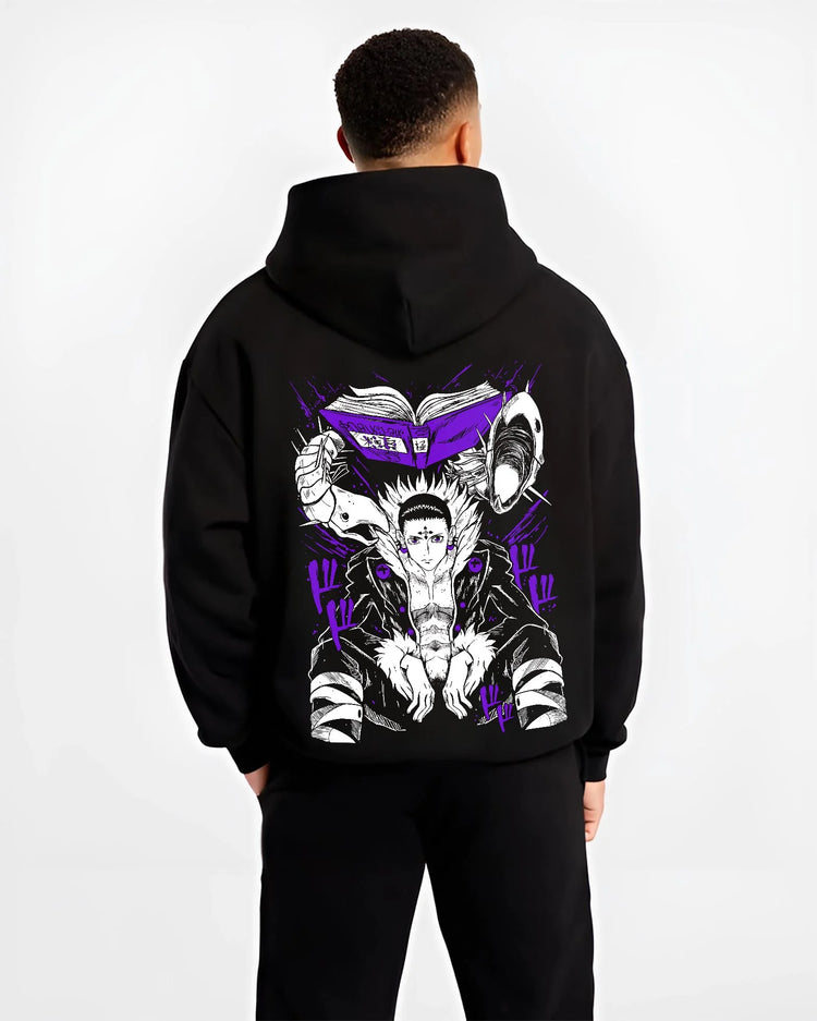 Black hoodie worn by male model, back view with Chrollo Hoodie Hunter x Hunter Phantom Troupe Leader graphic streetwear graphic.