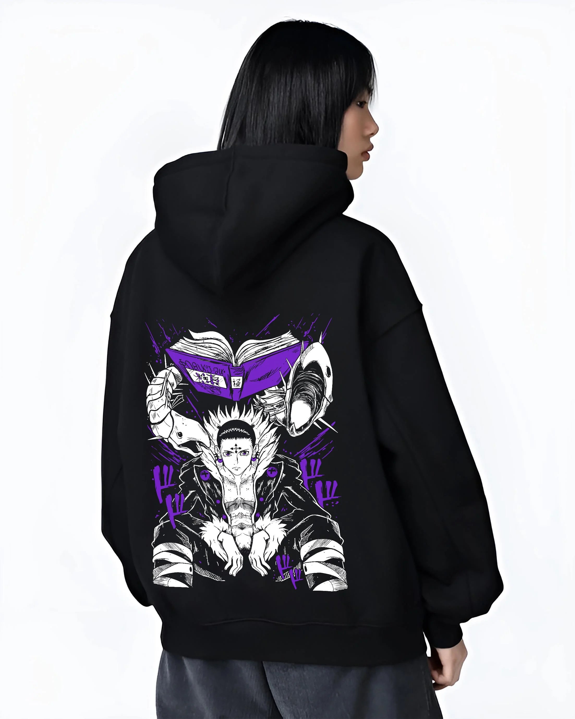 Black hoodie worn by female model, back view with Chrollo Hoodie Hunter x Hunter Phantom Troupe Leader graphic bold anime graphic.