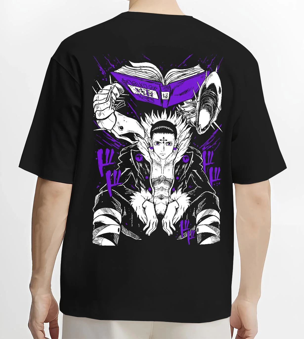 Black T-shirt worn by male model, back view with Chrollo Hoodie Hunter x Hunter Phantom Troupe Leader graphic streetwear graphic.
