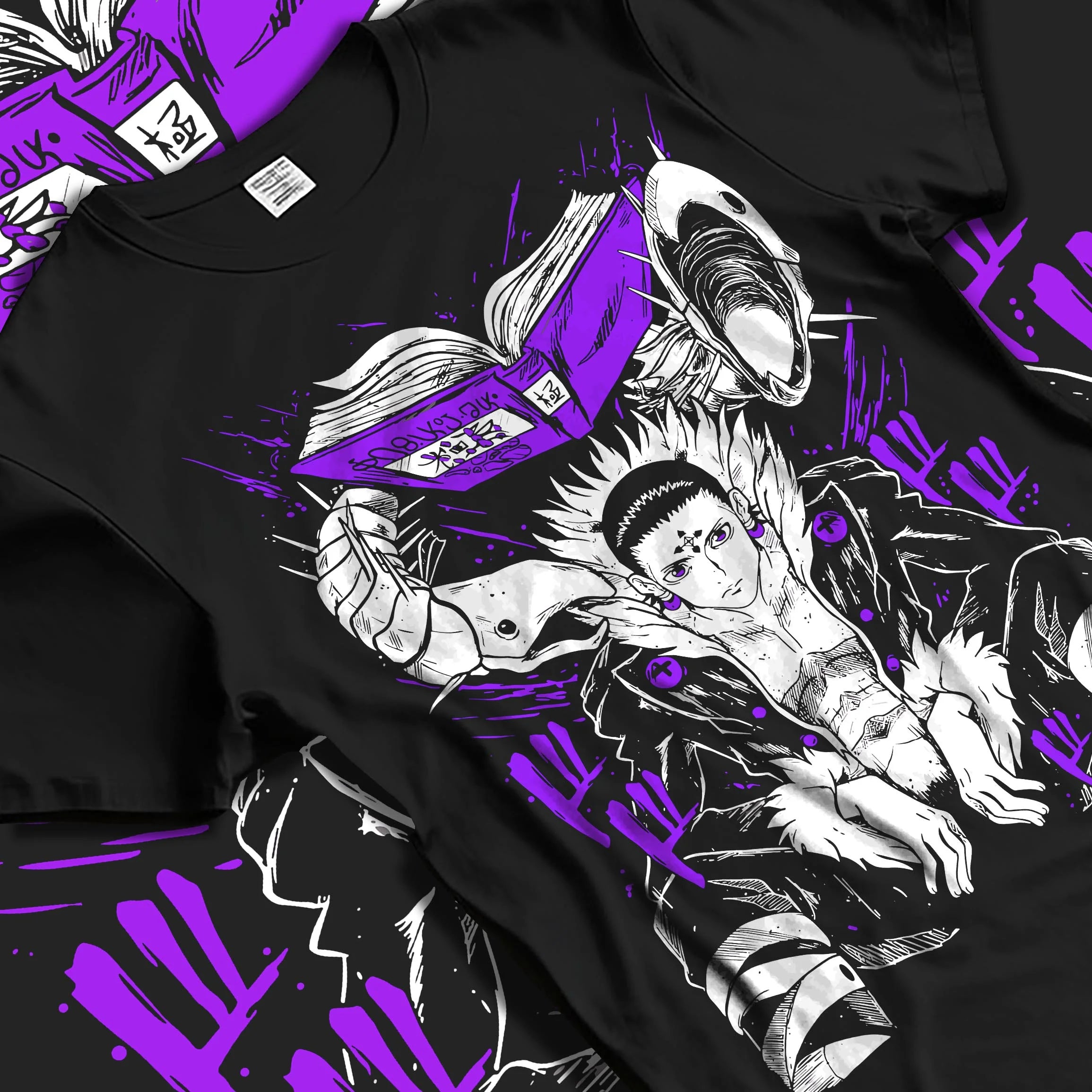 Black T-shirt laid flat with natural folds with Chrollo Hoodie Hunter x Hunter Phantom Troupe Leader graphic bold anime graphic.