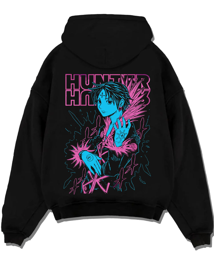 Black pullover hoodie laid flat with Chrollo Hoodie Hunter x Hunter Phantom Troupe Chains graphic bold anime graphic.