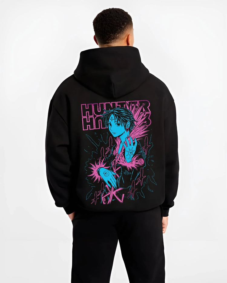 Black hoodie worn by male model, back view with Chrollo Hoodie Hunter x Hunter Phantom Troupe Chains graphic premium wear.