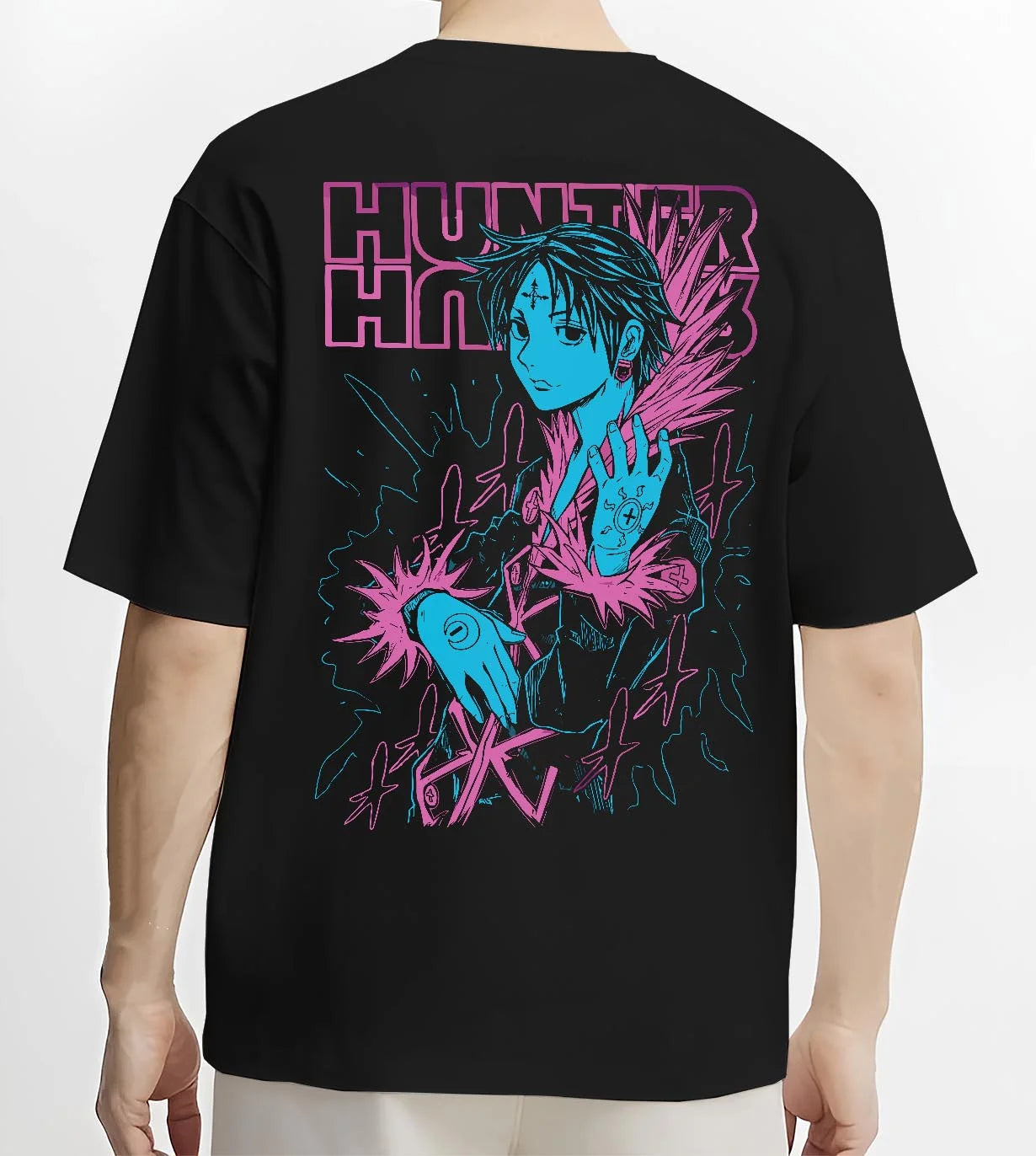 Black T-shirt worn by male model, back view with Chrollo Hoodie Hunter x Hunter Phantom Troupe Chains graphic premium wear.