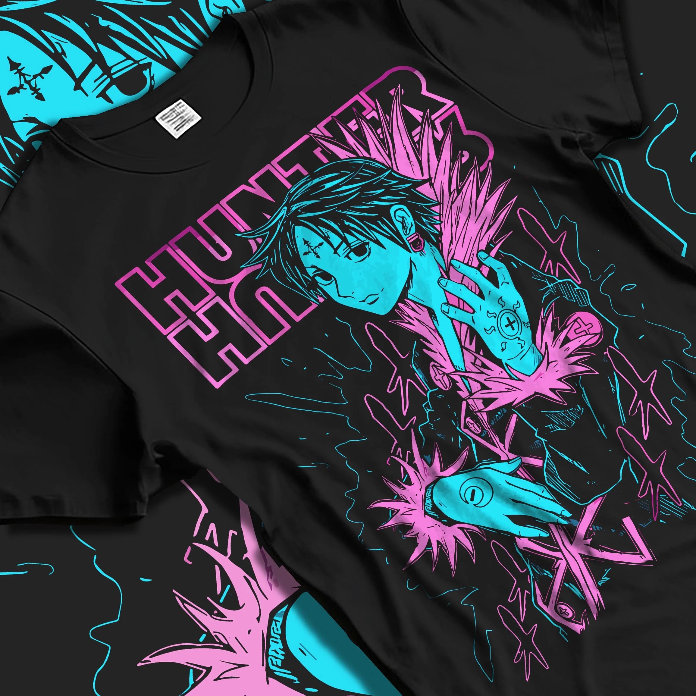 Black T-shirt laid flat with natural folds with Chrollo Hoodie Hunter x Hunter Phantom Troupe Chains graphic premium wear.