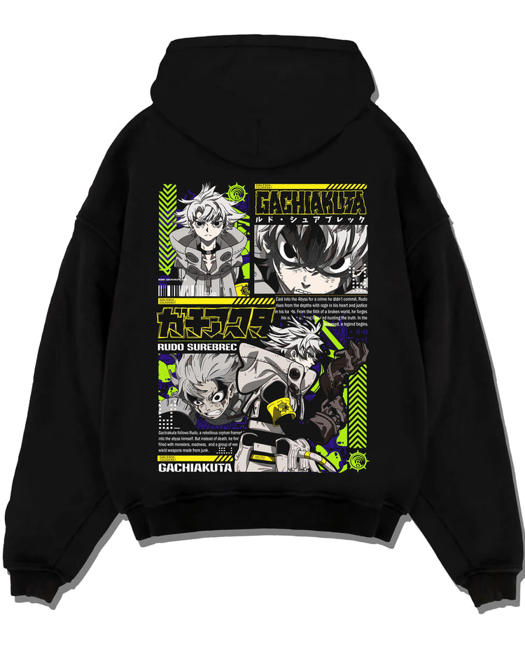 Black pullover hoodie laid flat with Gachiakuta Rudo Hoodie Rebel Fighter Anime Jumper graphic premium wear.