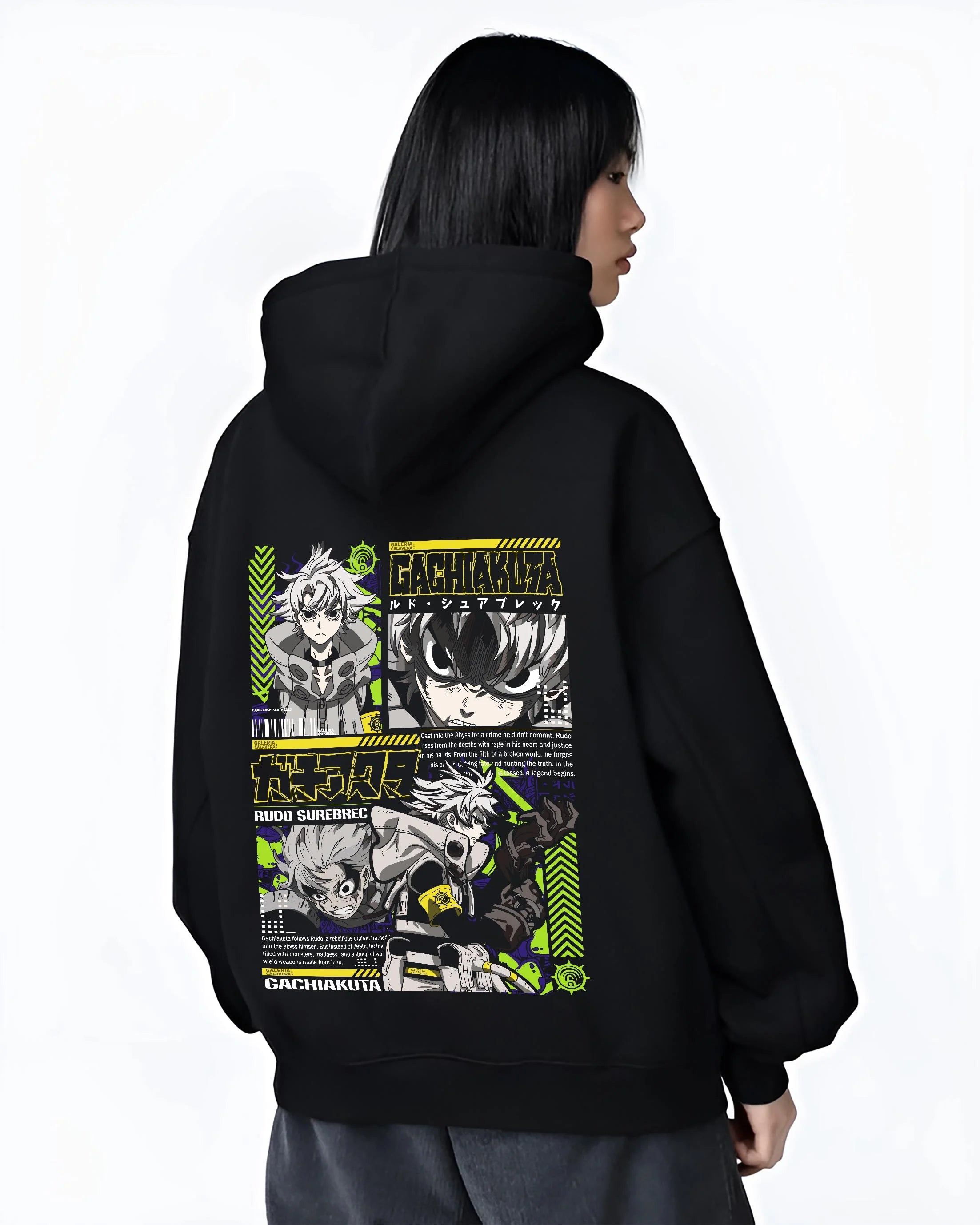 Black hoodie worn by female model, back view with Gachiakuta Rudo Hoodie Rebel Fighter Anime Jumper graphic streetwear graphic.