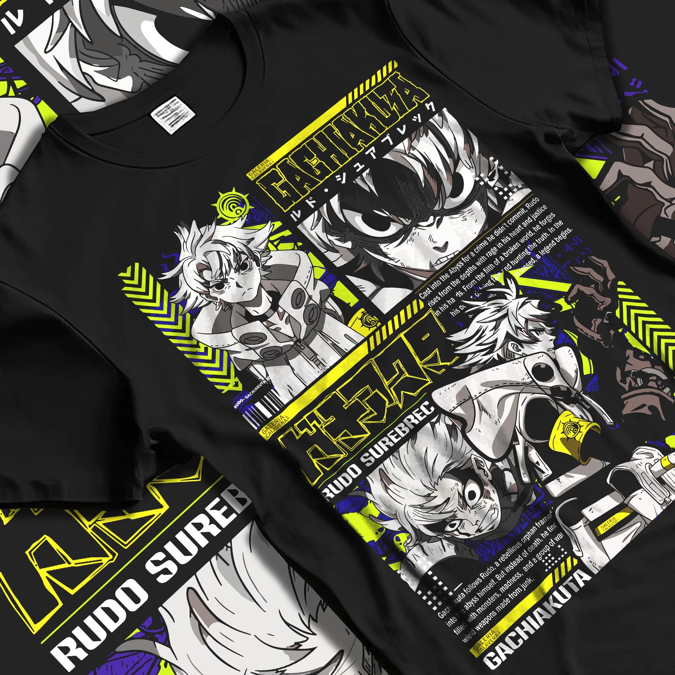 Black T-shirt laid flat with natural folds with Gachiakuta Rudo Hoodie Rebel Fighter Anime Jumper graphic Rudo anime design.