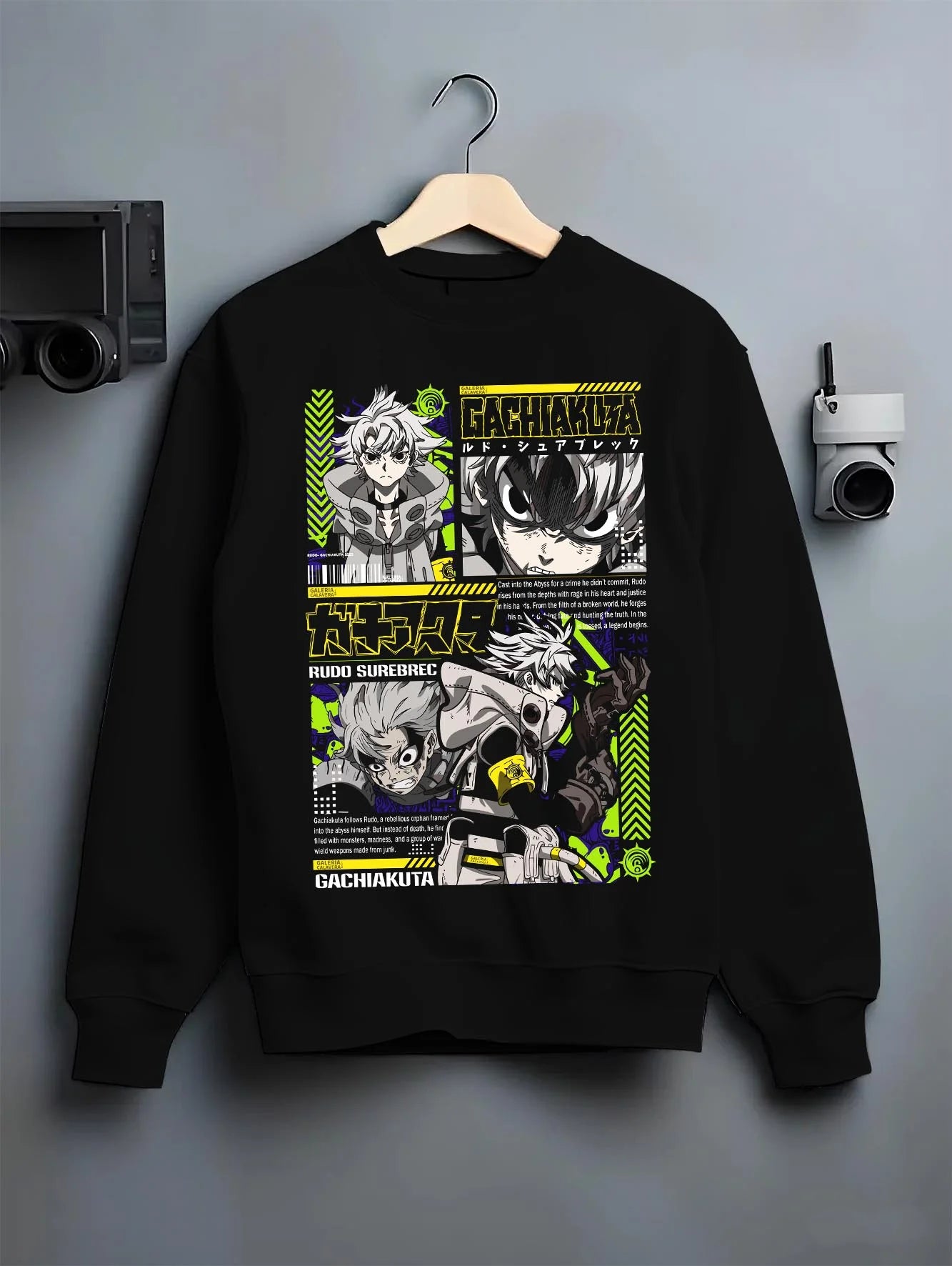 Black crewneck sweatshirt on hanger with Gachiakuta Rudo Hoodie Rebel Fighter Anime Jumper graphic streetwear graphic.