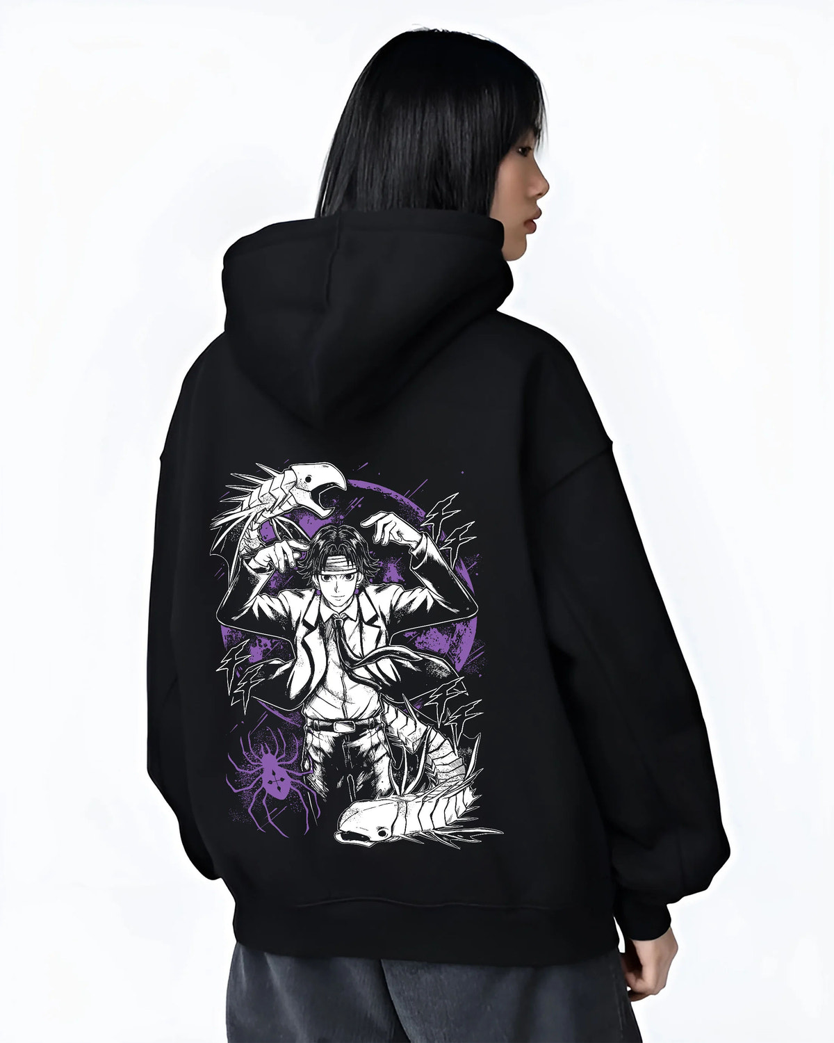Black hoodie female model back view showing Chrollo Lucilfer from Hunter x Hunter: Phantom Troupe portrait