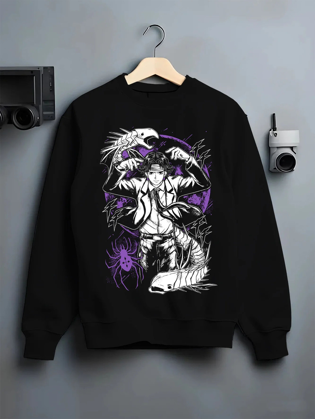 Black crewneck sweatshirt on hanger showing Chrollo Lucilfer from Hunter x Hunter: Phantom Troupe portrait