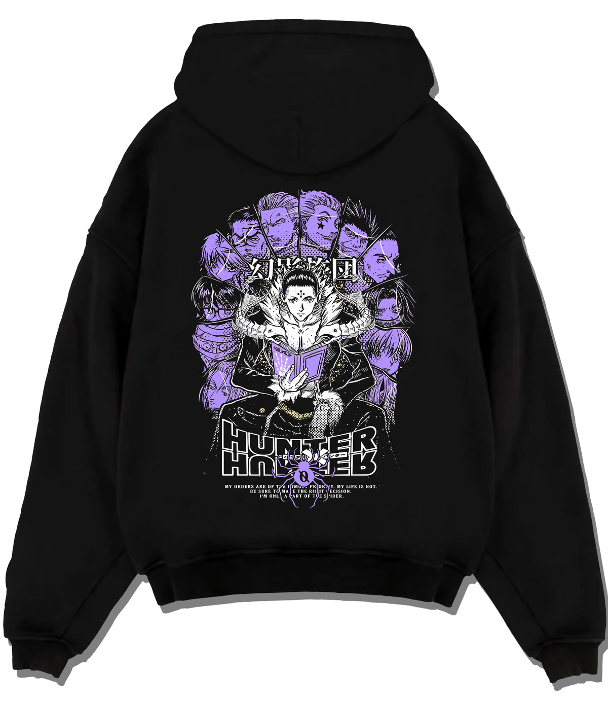 Black hoodie flat back view with Chrollo Lucilfer / Phantom Troupe collage from Hunter x Hunter illustrated back graphic