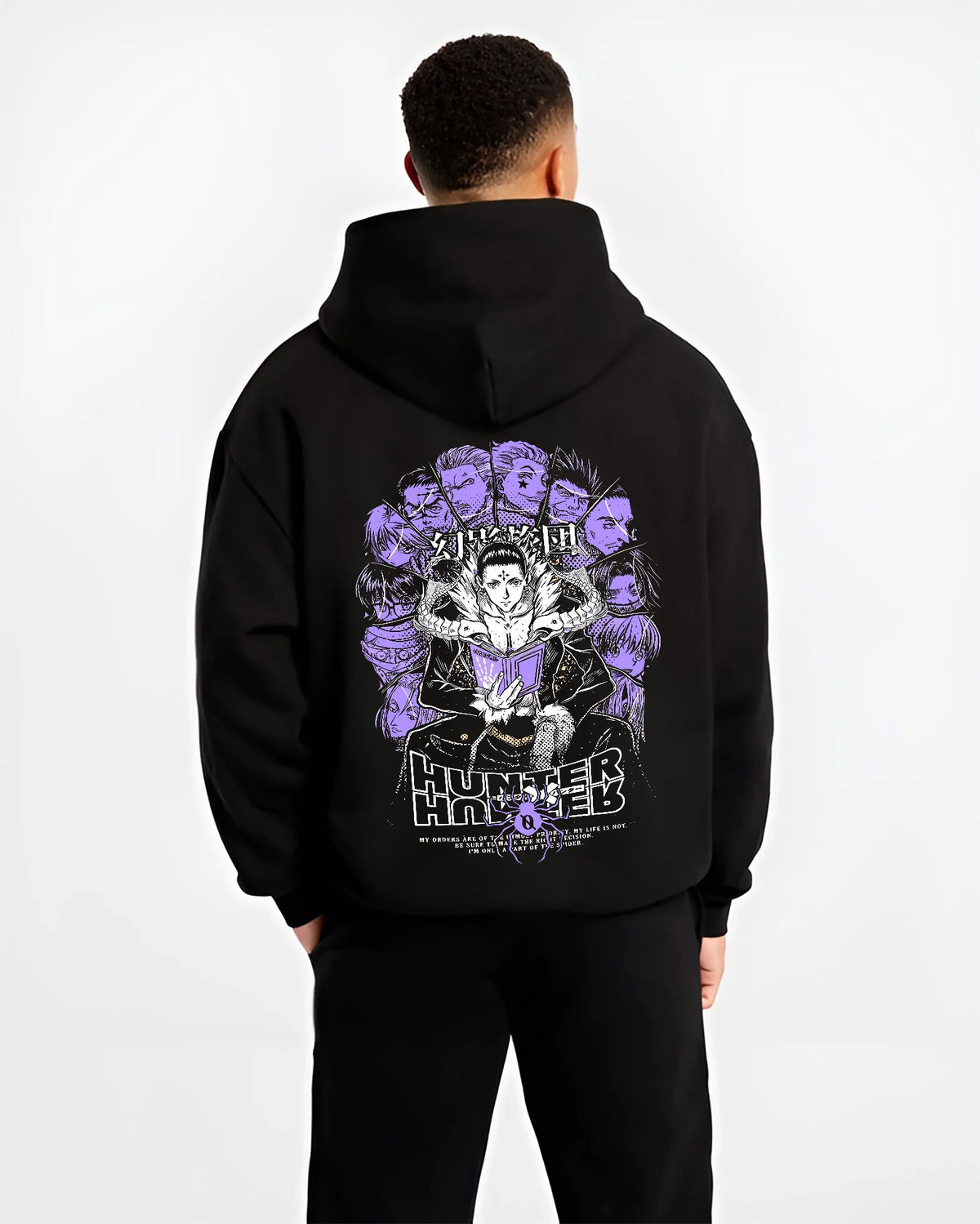 Black hoodie model back view with Chrollo Lucilfer / Phantom Troupe collage from Hunter x Hunter illustrated back graphic
