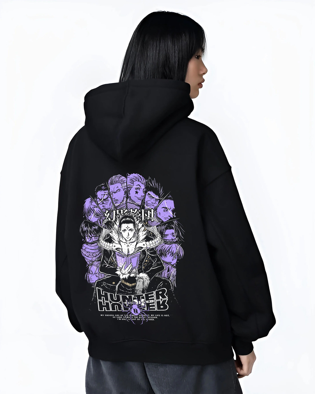 Black hoodie female model back view with Chrollo Lucilfer / Phantom Troupe collage from Hunter x Hunter illustrated back