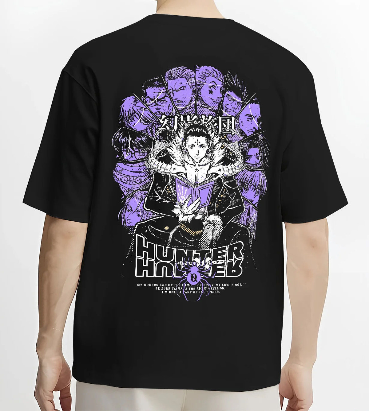 Black T-shirt model back view with Chrollo Lucilfer / Phantom Troupe collage from Hunter x Hunter illustrated back graphic