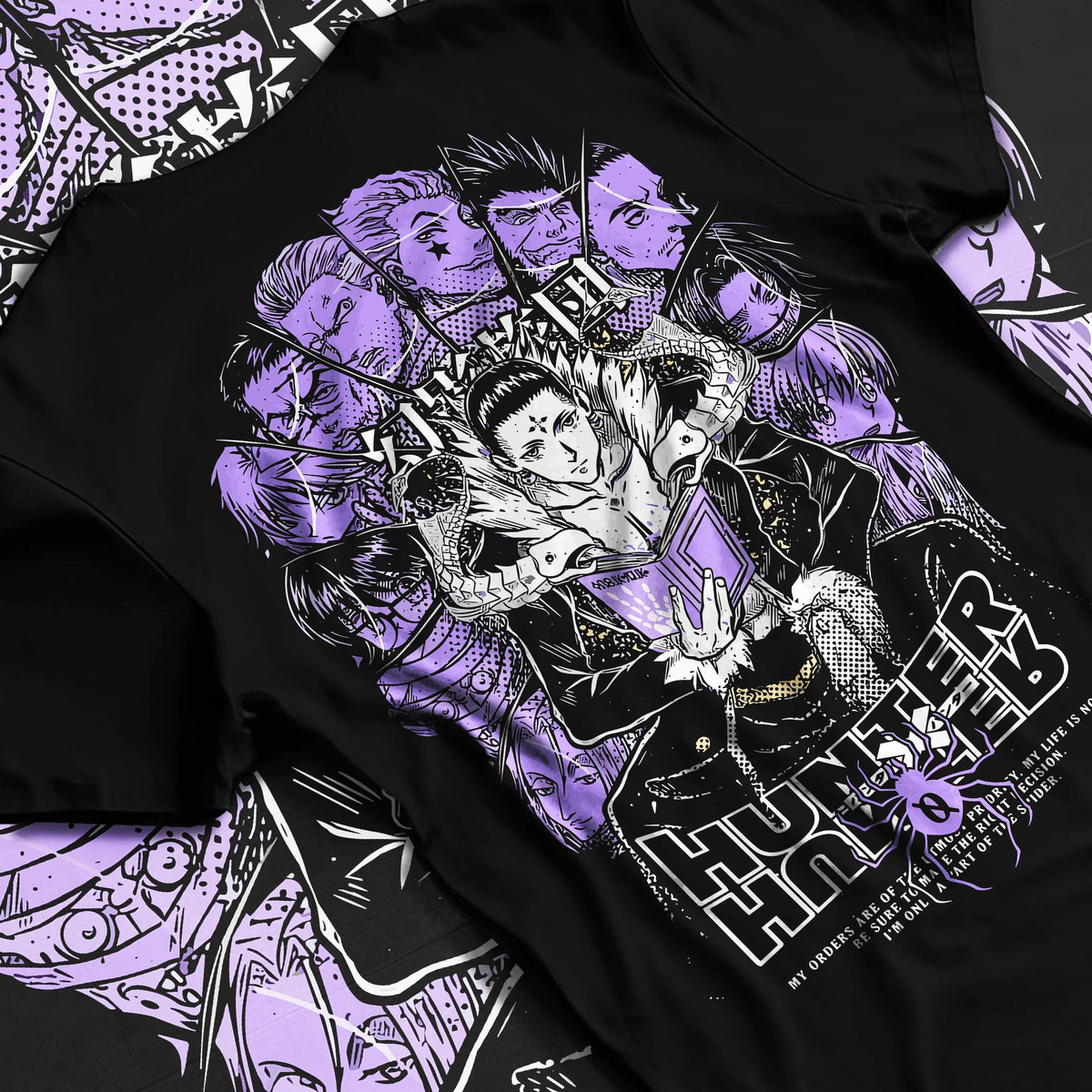 Black T-shirt flat back view with Chrollo Lucilfer / Phantom Troupe collage from Hunter x Hunter illustrated back graphic