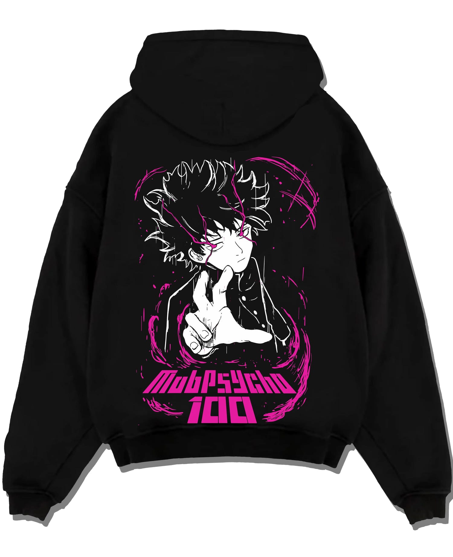Black pullover hoodie laid flat with Mob Psycho 100 Hoodie Shigeo Kageyama Classic Jumper graphic premium wear.