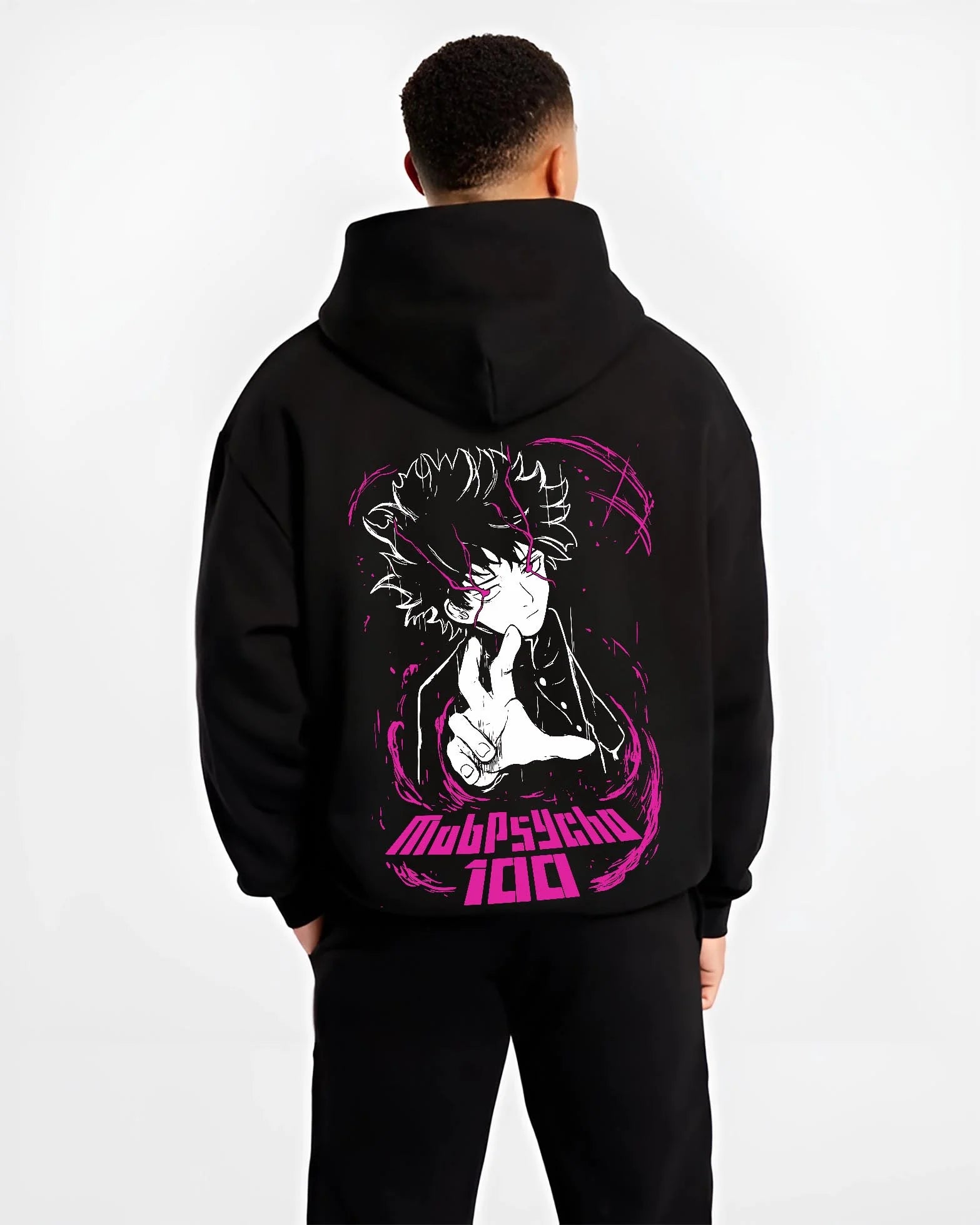 Black hoodie worn by male model, back view with Mob Psycho 100 Hoodie Shigeo Kageyama Classic Jumper graphic bold anime graphic.
