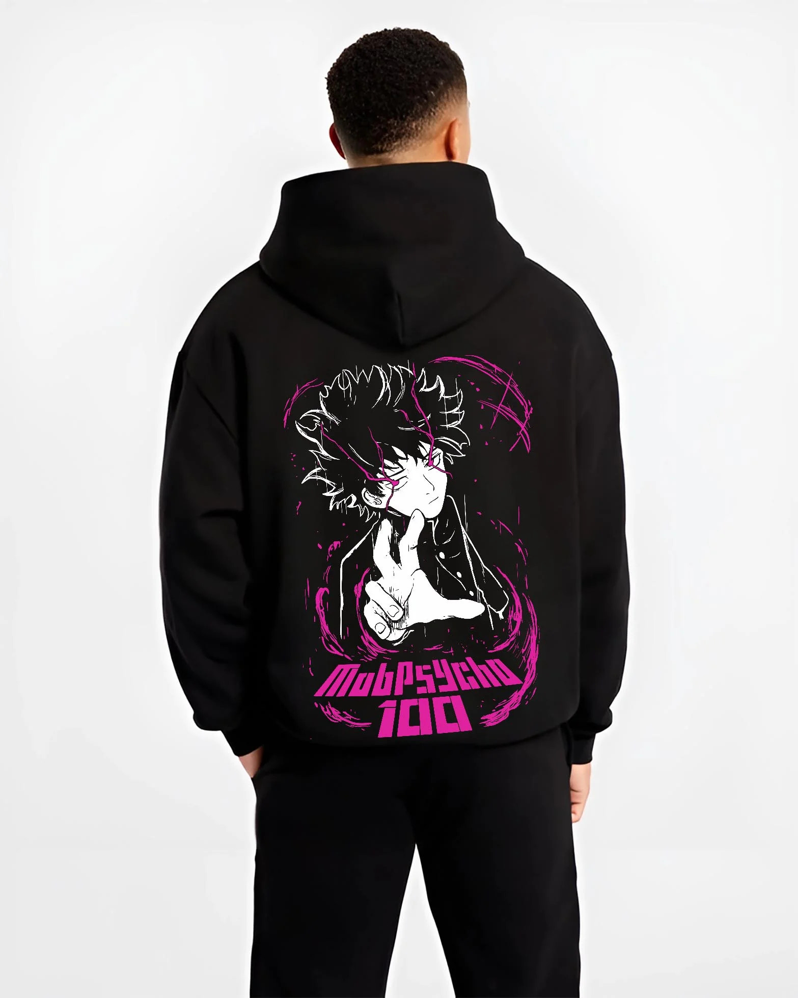Black hoodie worn by male model, back view with Mob Psycho 100 Hoodie Shigeo Kageyama Classic Jumper graphic bold anime graphic.