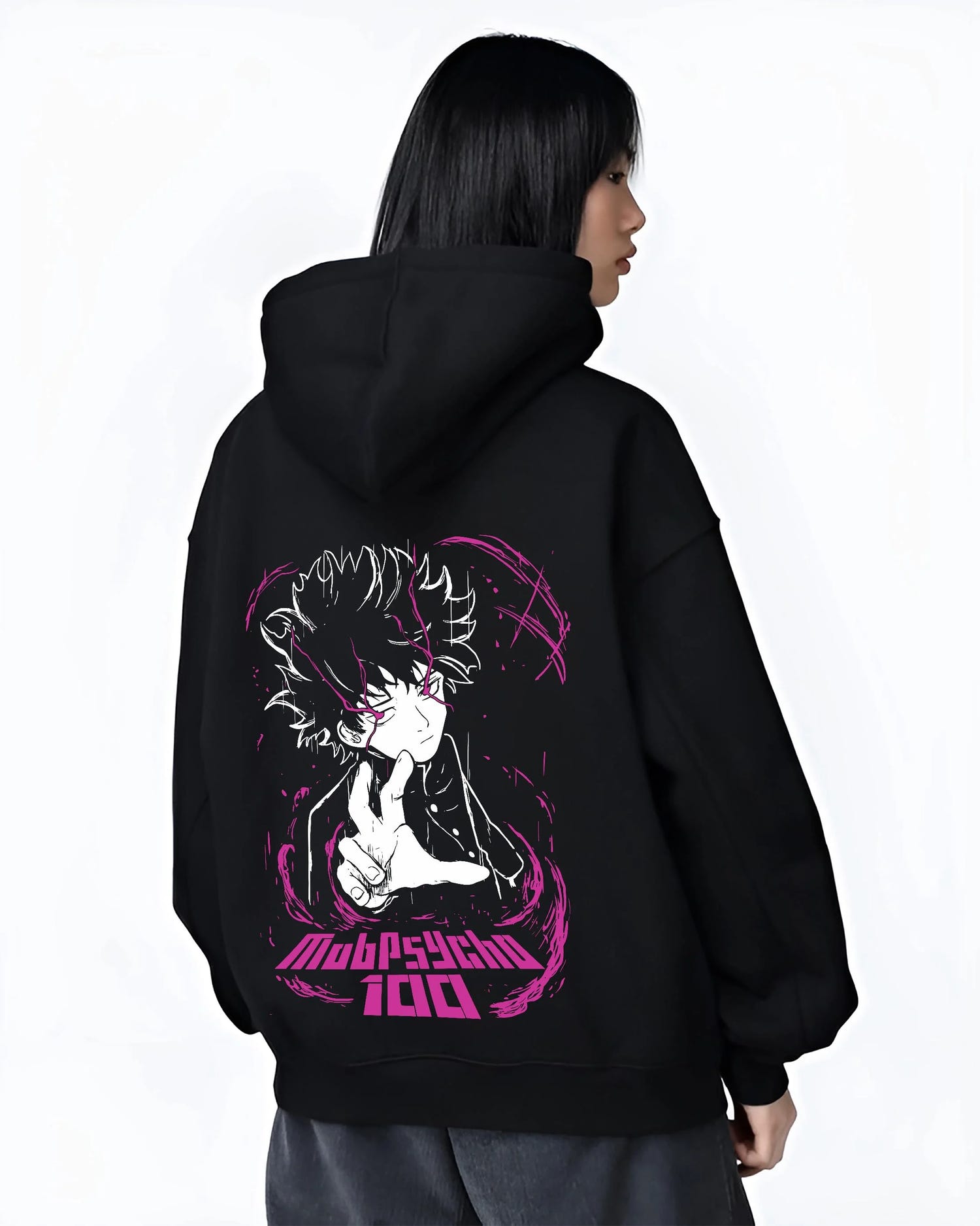 Black hoodie worn by female model, back view with Mob Psycho 100 Hoodie Shigeo Kageyama Classic Jumper graphic streetwear graphic.