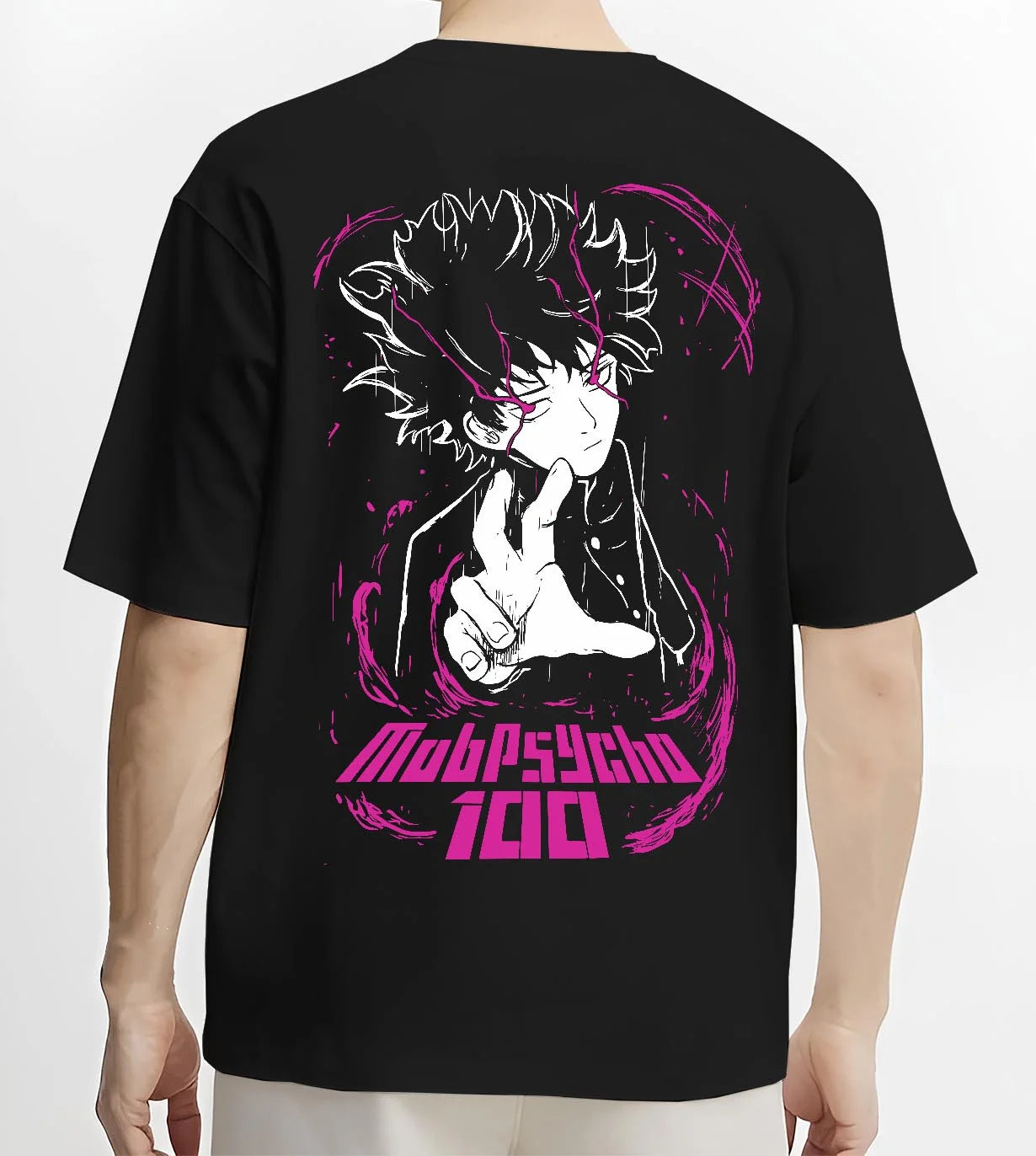 Black T-shirt worn by male model, back view with Mob Psycho 100 Hoodie Shigeo Kageyama Classic Jumper graphic premium wear.