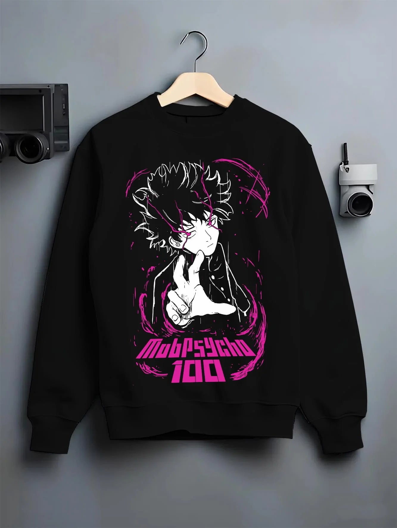 Black crewneck sweatshirt on hanger with Mob Psycho 100 Hoodie Shigeo Kageyama Classic Jumper graphic bold anime graphic.