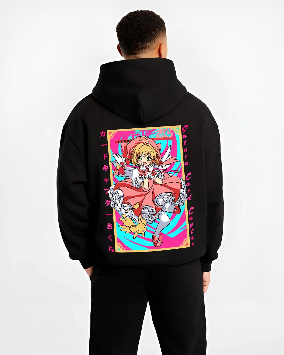 Black hoodie worn by male model from the back featuring Cardcaptor Sakura Clow Master artwork.