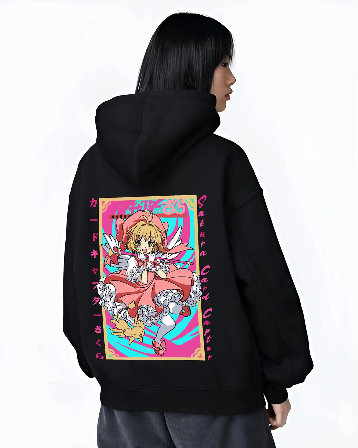 Black hoodie worn by female model from the back featuring Cardcaptor Sakura Clow Master artwork.