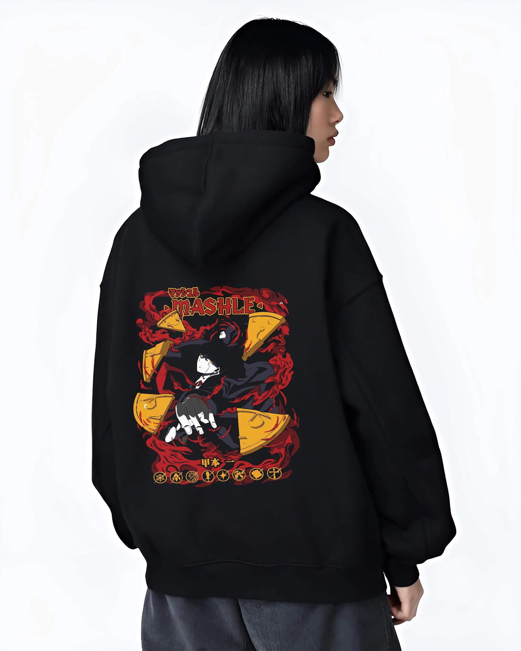 Black hoodie worn by female model, back view with Mashle Hoodie Mash Burnedead Action Comedy Jumper graphic premium wear.