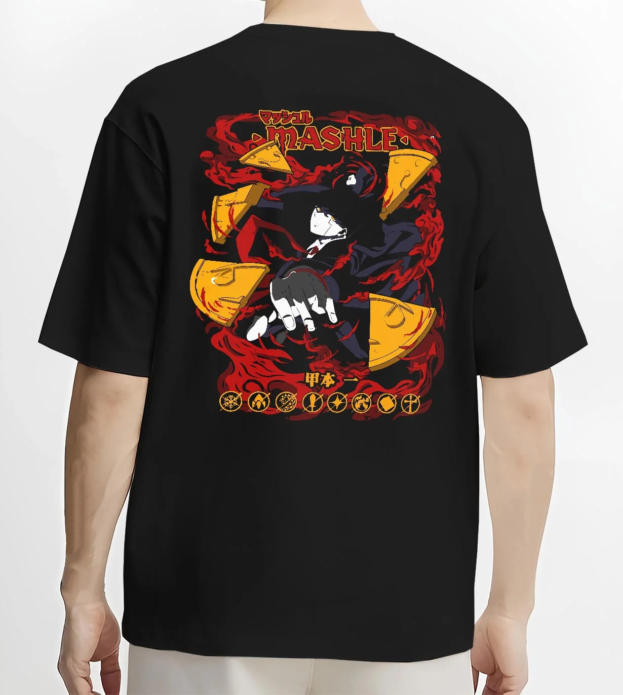 Black T-shirt worn by male model, back view with Mashle Hoodie Mash Burnedead Action Comedy Jumper graphic streetwear graphic.