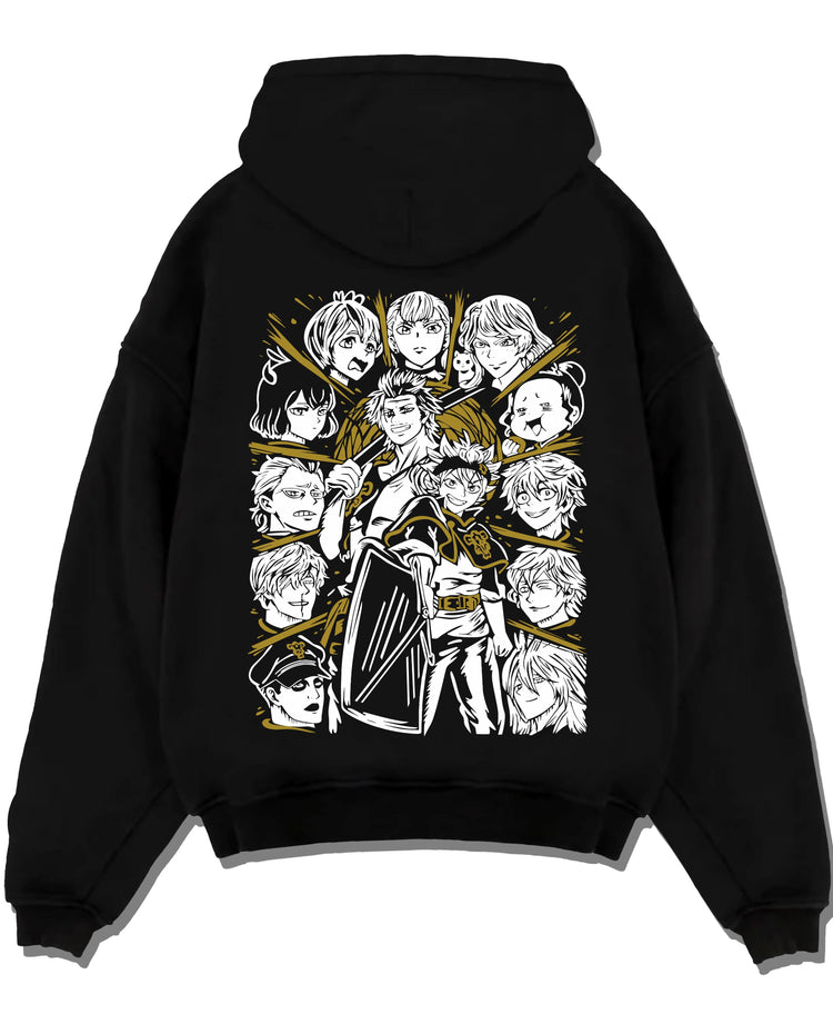 Black pullover hoodie laid flat with Saint Seiya Hoodie Bronze Saints Zodiac Warrior Team graphic streetwear graphic.