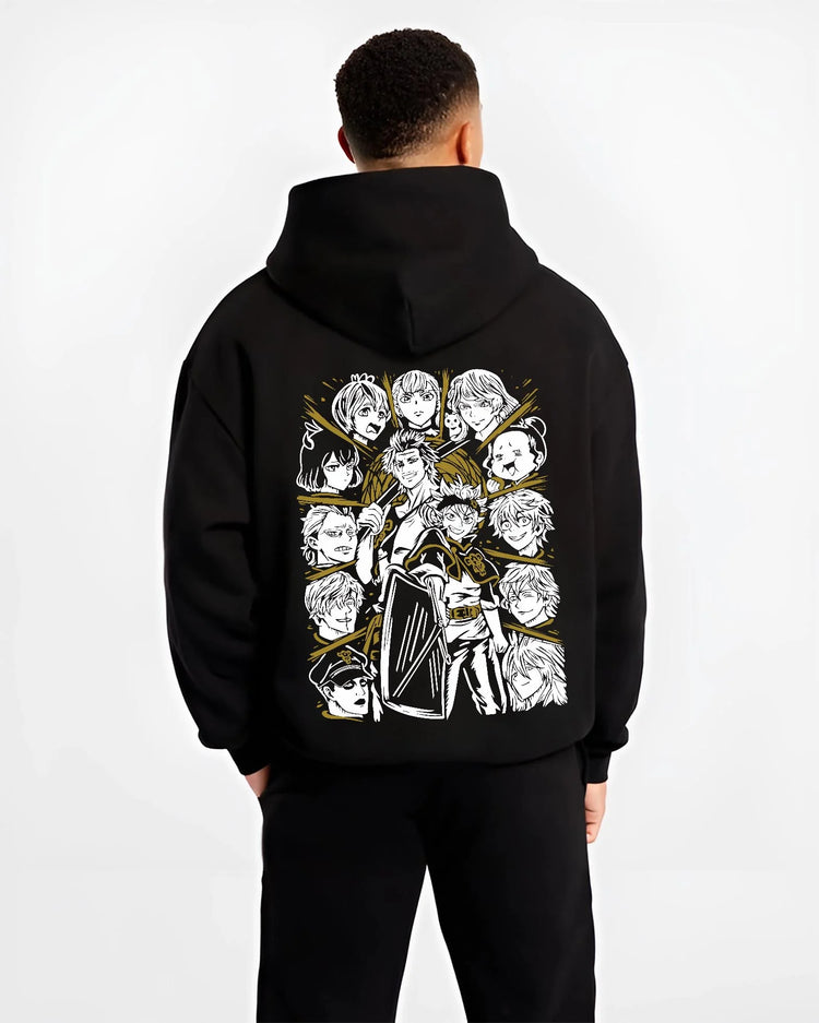 Black hoodie worn by male model, back view with Saint Seiya Hoodie Bronze Saints Zodiac Warrior Team graphic streetwear graphic.