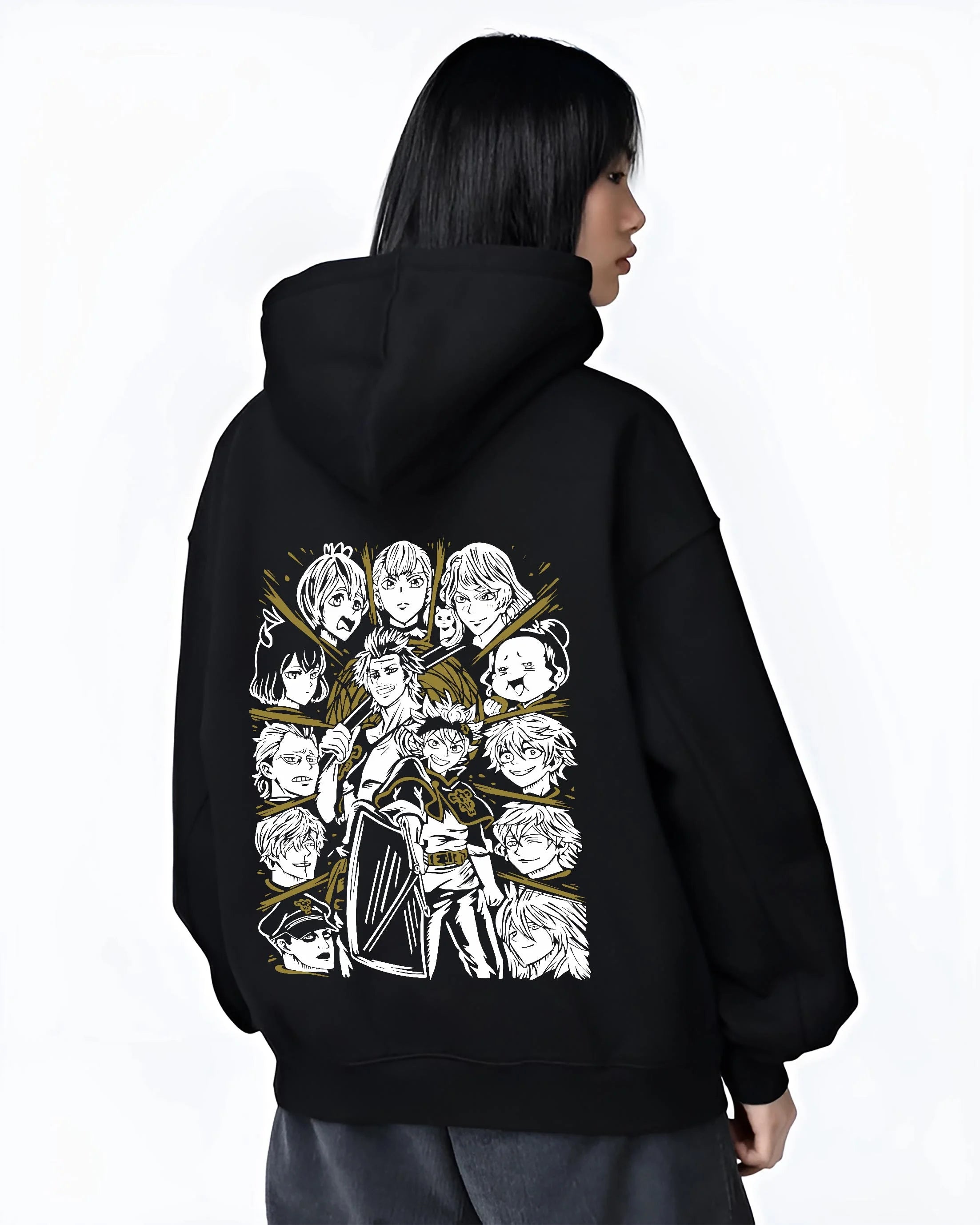 Black hoodie worn by female model, back view with Saint Seiya Hoodie Bronze Saints Zodiac Warrior Team graphic bold anime graphic.