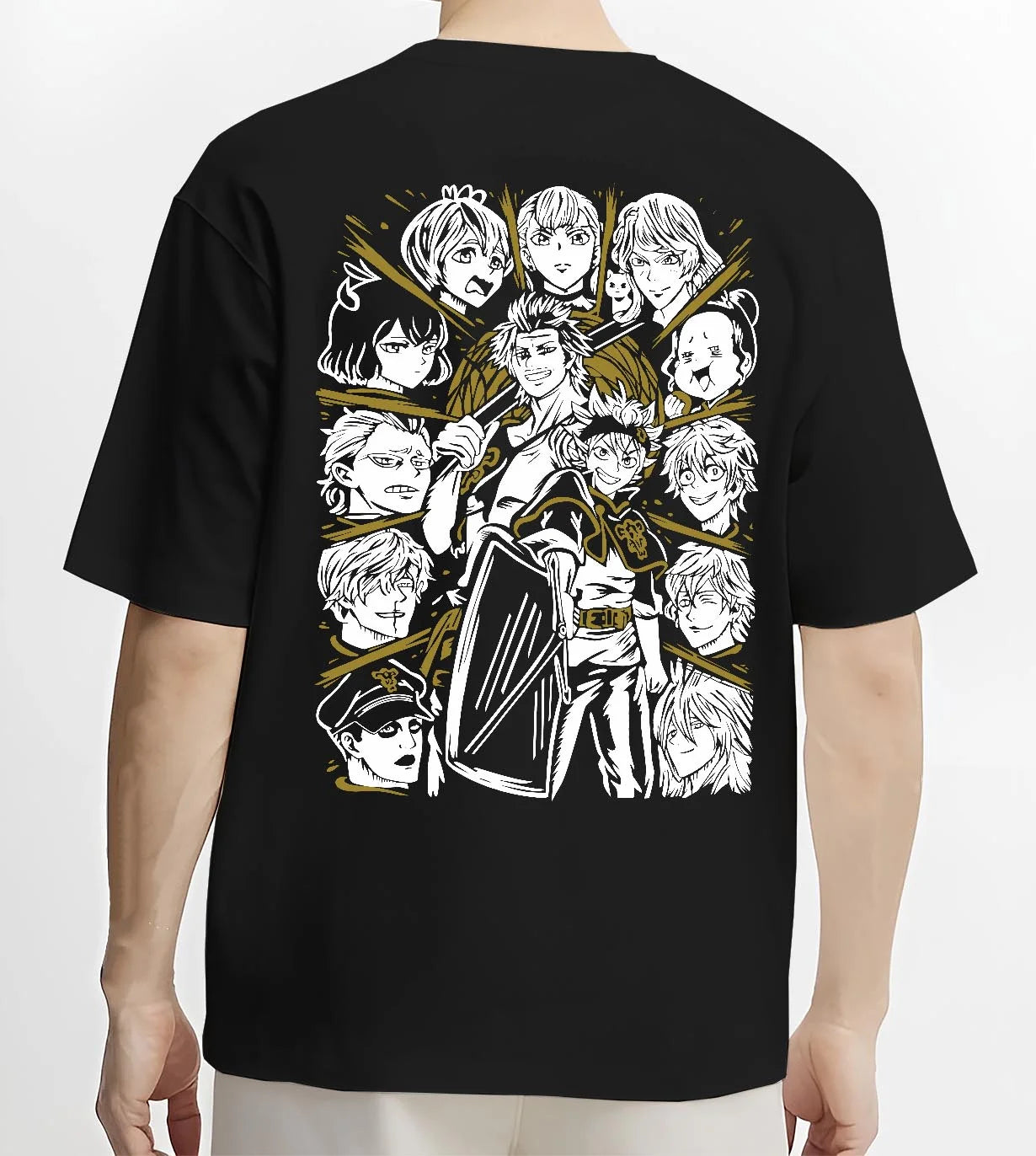 Black T-shirt worn by male model, back view with Saint Seiya Hoodie Bronze Saints Zodiac Warrior Team graphic bold anime graphic.