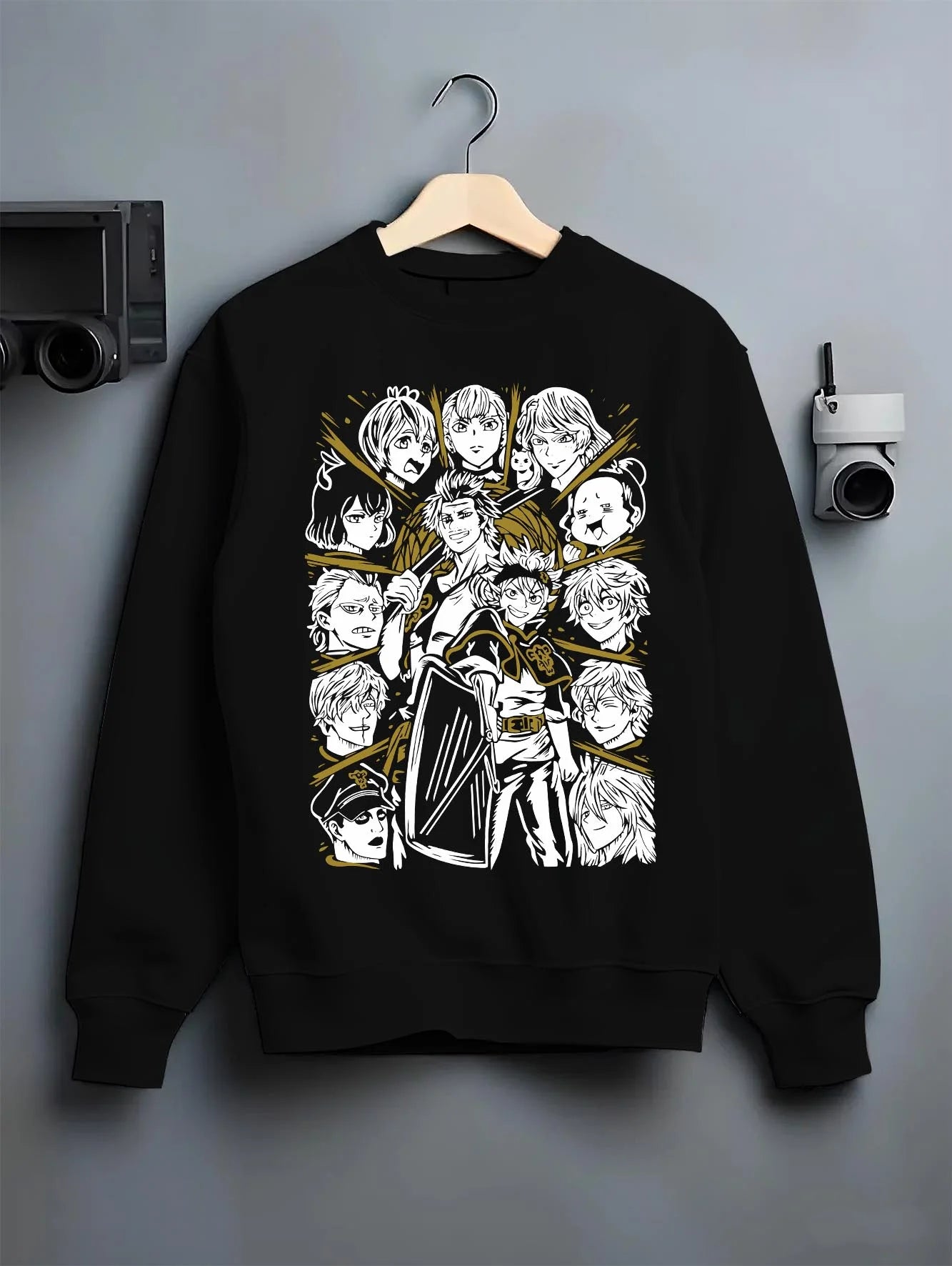 Black crewneck sweatshirt on hanger with Saint Seiya Hoodie Bronze Saints Zodiac Warrior Team graphic streetwear graphic.