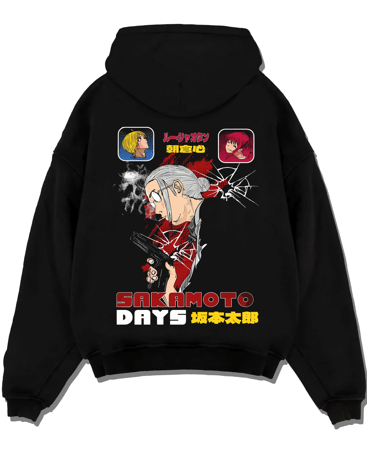 Black hoodie laid flat featuring Sakamoto Days combat manga artwork with bold anime graphic print.
