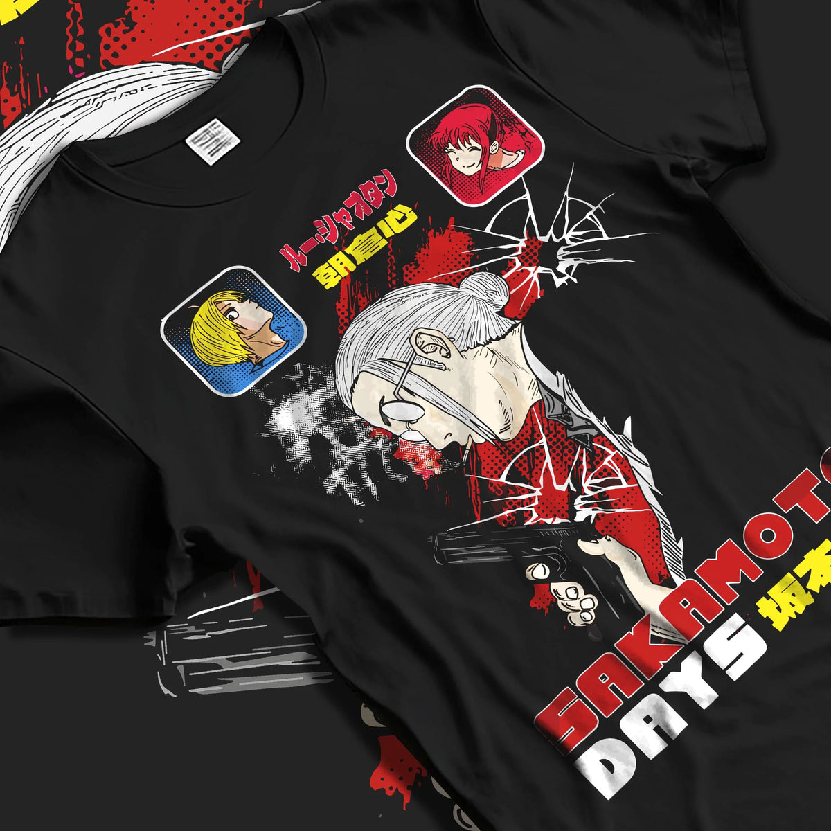 Black T-shirt laid flat with natural folds featuring Sakamoto Days combat manga artwork.