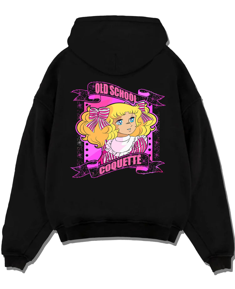 Black pullover hoodie laid flat with Candy Candy Hoodie Retro Classic Anime Old School graphic bold anime graphic.