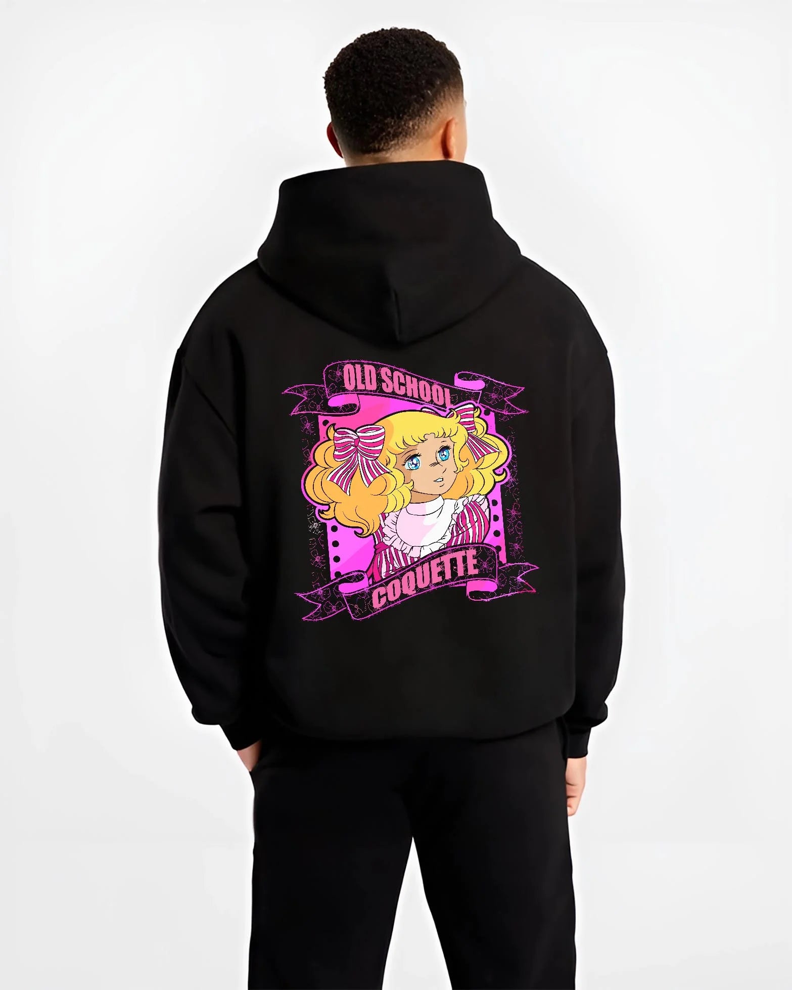 Black hoodie worn by male model, back view with Candy Candy Hoodie Retro Classic Anime Old School graphic premium wear.