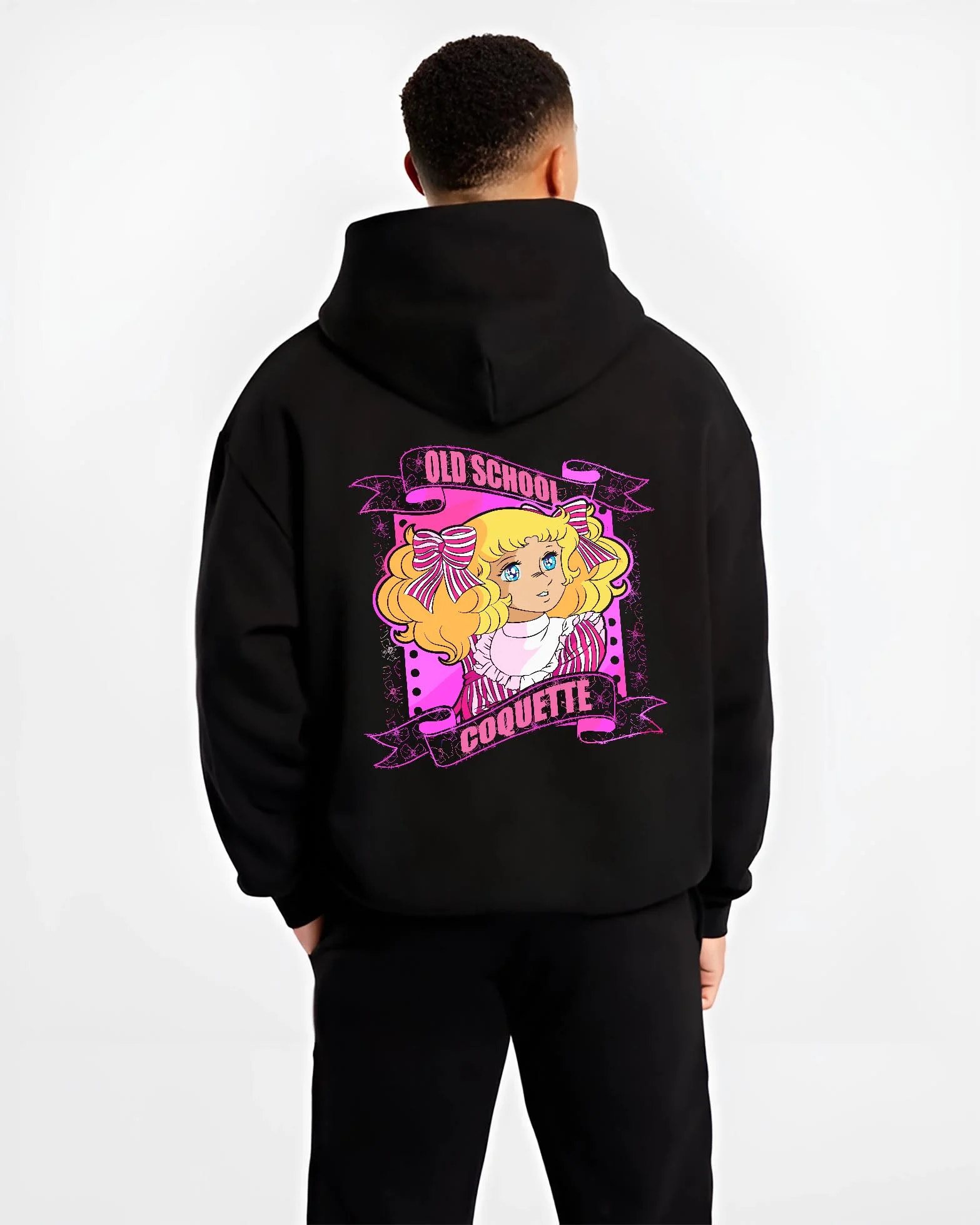 Black hoodie worn by male model, back view with Candy Candy Hoodie Retro Classic Anime Old School graphic premium wear.
