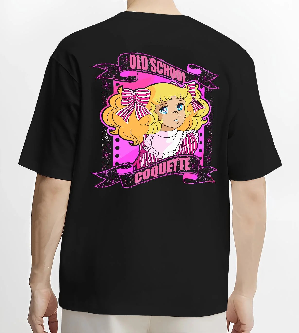 Black T-shirt worn by male model, back view with Candy Candy Hoodie Retro Classic Anime Old School graphic streetwear graphic.