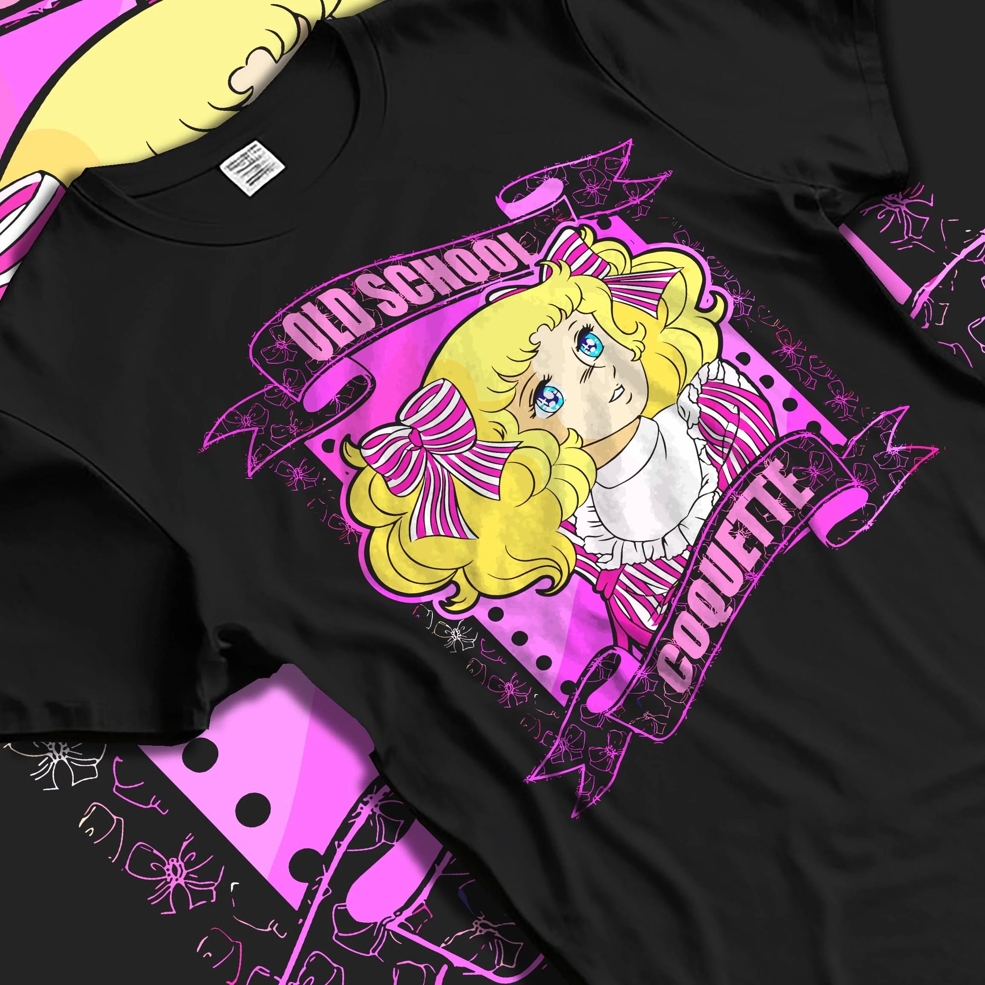 Black T-shirt laid flat with natural folds with Candy Candy Hoodie Retro Classic Anime Old School graphic bold anime graphic.