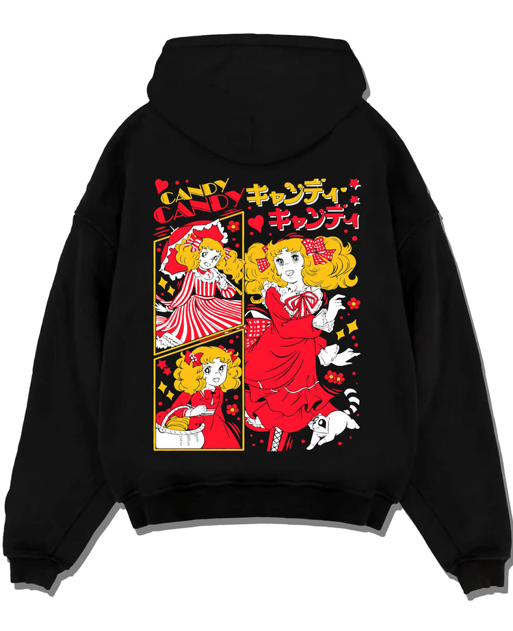Black pullover hoodie laid flat with Candy Candy Hoodie Retro Anime Red Dress Twin Scene graphic premium wear.