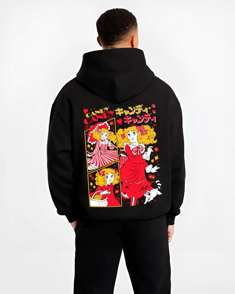 Black hoodie worn by male model, back view with Candy Candy Hoodie Retro Anime Red Dress Twin Scene graphic premium wear.