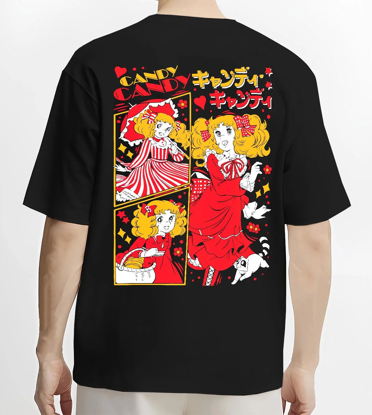 Black T-shirt worn by male model, back view with Candy Candy Hoodie Retro Anime Red Dress Twin Scene graphic premium wear.
