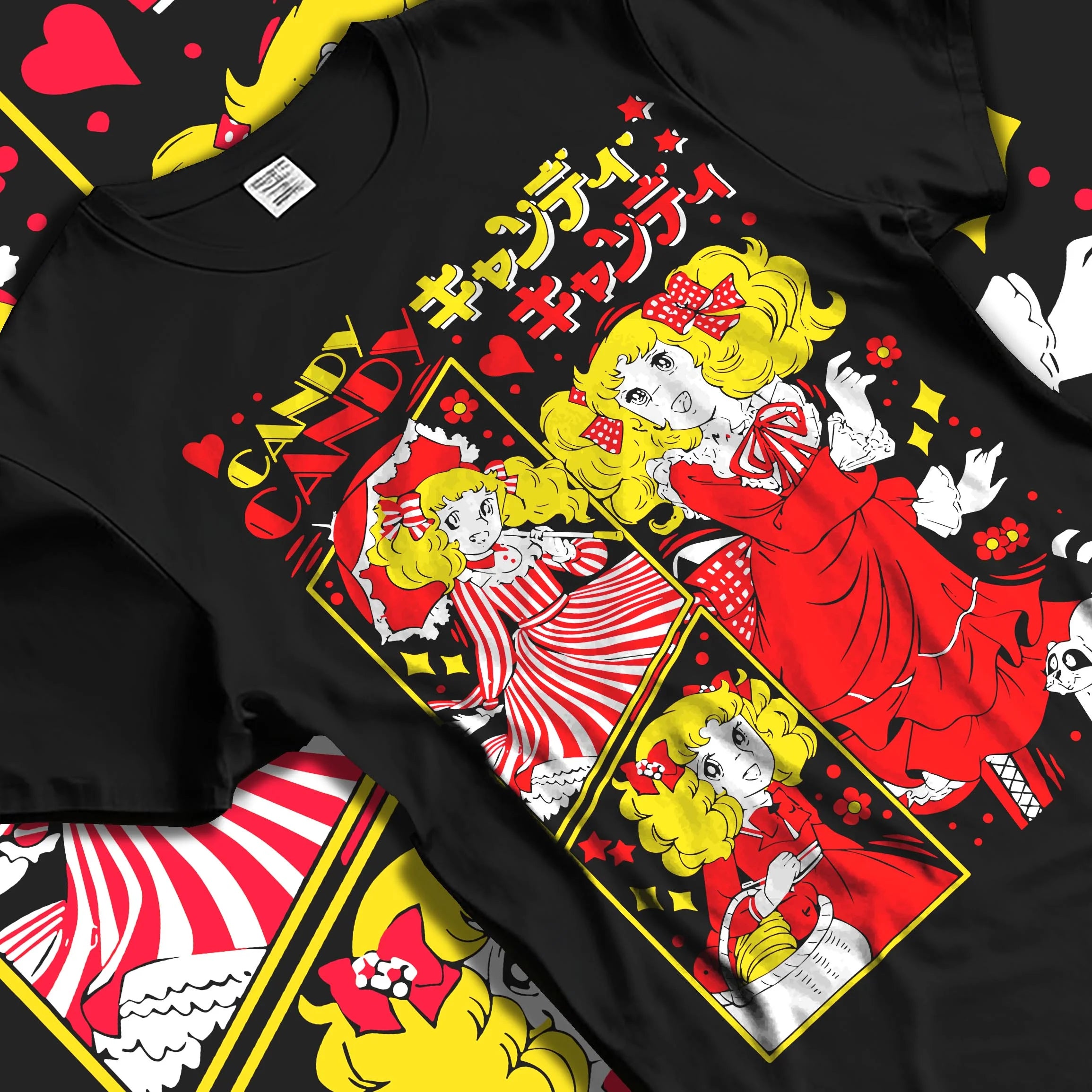 Black T-shirt laid flat with natural folds with Candy Candy Hoodie Retro Anime Red Dress Twin Scene graphic bold anime graphic.