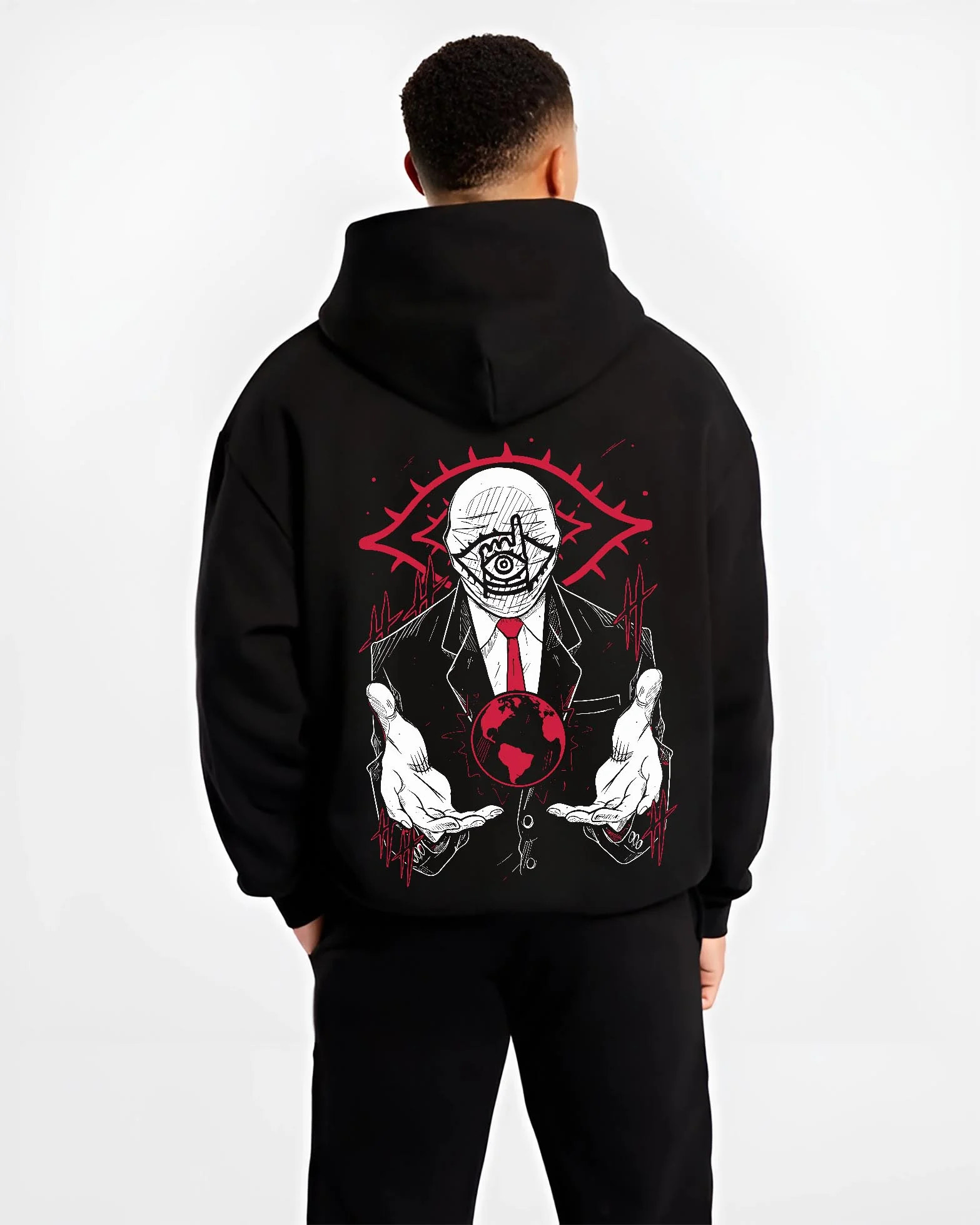 Black hoodie worn by male model, back view, showcasing Friend 20th Century Boys dark manga panel artwork styled with Japanese animation streetwear theme.