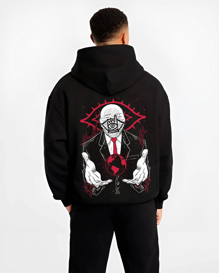 Black hoodie worn by male model, back view, showcasing Friend 20th Century Boys dark manga panel artwork styled with Japanese animation streetwear theme.