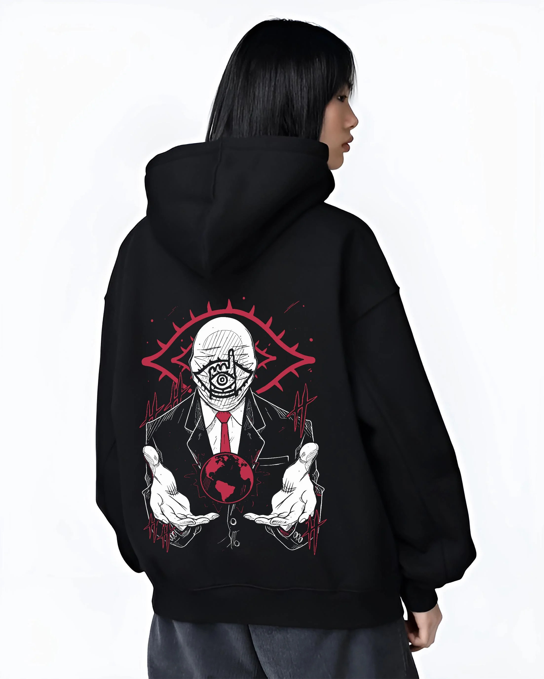 Black hoodie worn by female model, back view, featuring Friend 20th Century Boys cult leader emblem with nostalgic 90s graphic design influence.