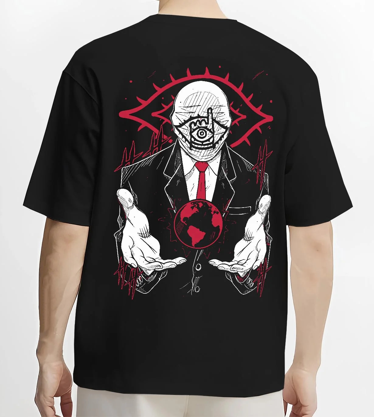 Black T-shirt worn by male model, back view, featuring Friend 20th Century Boys anime poster inspired design with layered graphic elements and retro streetwear feel.